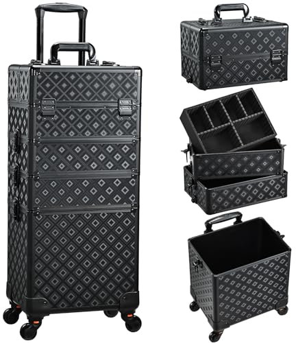 Adazzo Professioneller Rollkoffer für Make-up, 4-in-1, Aluminium-Trolley mit 360° drehbaren Rädern für Makuep-Künstler, Kosmetikkoffer, Organizer mit Schloss und Schlüssel, Rautenmuster, Glanzgitter,
