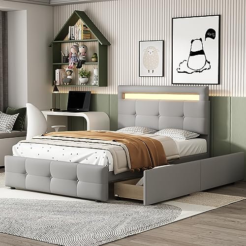 Dolamaní Modern Jugendbett 90x200 cm Polsterbett mit Bettkasten, Bett mit Lattenrost & Stauraum, Polster Kopfteil mit Ablagefach, Leinenpolsterung, Kinderbett für Jungen & Mädchen (Grau B)