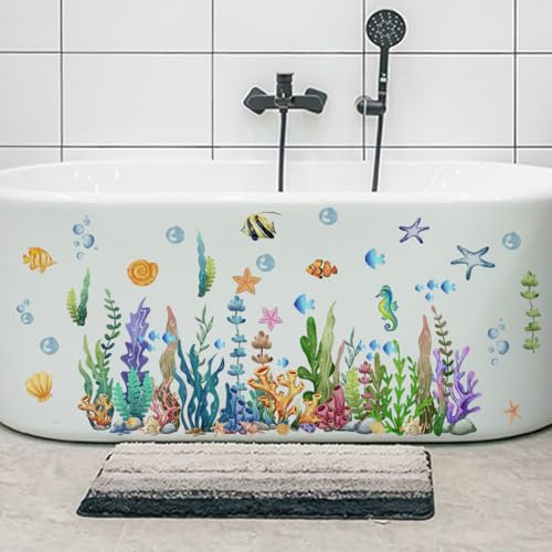 Purekay Wandtattoo Unter dem Meer Qualle Seetang Wandaufkleber Fische Korallen Bordüre Kinderzimmer Babyzimmer Badezimmer Wanddek