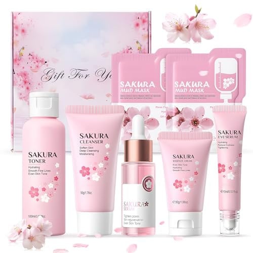 Sakura Skin Care, Kit Skincare Viso Completo, Skin Care Kit, Skincare Coreana kit Viso Completo mit Maschera Facciale Fango, Crema, viso e Siero Occhi, Idratante e Antietà, 7 Pezzi