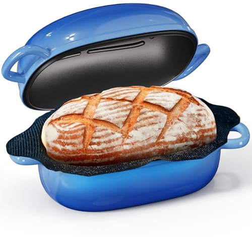 2.5QT Cast Iron Dutch Oven, Bread Pan with Lid for Sourdough Bread Baking | Blue Enameled Cast Iron 2.5QT Oval Dutch Oven for Homemade Sourdough Bread, Small Dutch Oven & Baking Pan, Gift for Baker