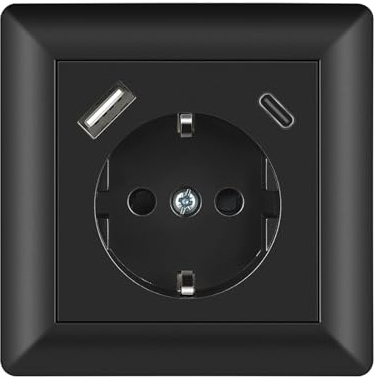 Sasudose USB Steckdose Unterputz Schwarz System 55 Schuko Steckdose mit USB Anschluss und Typ C Port (Max. 3.4A) Wandsteckdose Passent in Standard Unterputzdose für Smartphone