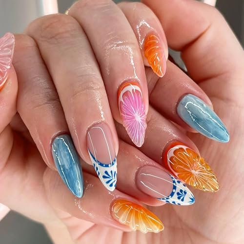 24 Pièces été Faux Ongles Amande Long, Français 3D Handmade Faux Ongles à Coller, Orange Fruit Gel Press on Nails, Naturel Artificiel Capsules Ongles pour Femmes et Filles Manucure DIY, 12 Tailles