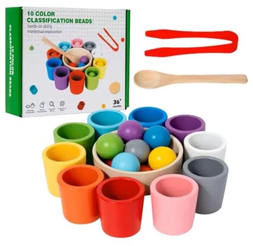 Rainbow Balls in Cups Toddler Montessori Toys, Wooden Colour Sorting Stacking Toys, Kids Preschool Matching Games Educational Toy Cups & Balls Set for Learning Color Sorting & Counting (10 Colours)