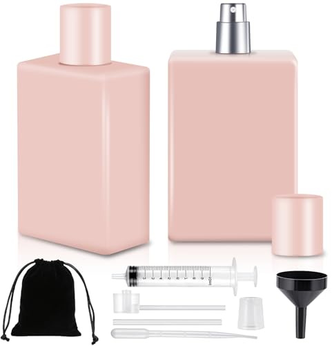 Maxumille 2PCS 100ml Square Perfume Atomiser Refillable, Pink Glass Perfume Spray Bottles with Carrying Case for Traveling Daily Use, Empty Portable Atomiser Refill Spray Bottle for Girls Woman