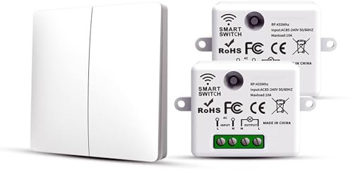 RF433 - Set di interruttori radio, senza batteria, interruttore di sicurezza e ricevitore 10 A, interruttore radio 240 V, interruttore per luce da parete (2 switch + 2 kit ricevitori)