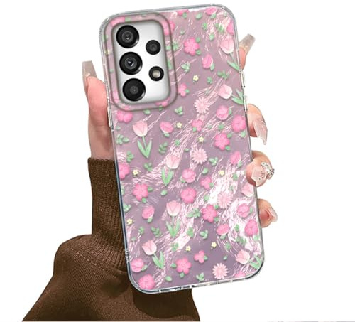 Tedyhulle für Samsung Galaxy A53 5G Hülle, Weich TPU Rahmen Harter PC-Rückseite Case mit Rosa Blüten Motiv, Bunt Dünne Handyhülle Stoßfeste Schutzhülle für Frauen Mädchen Ästhetischer Glitzer