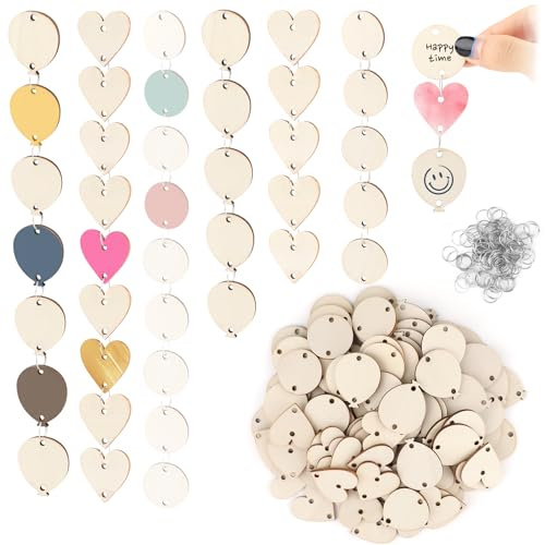 210 Stück Blanko Holzherzen und Holzscheiben zum Beschriften, 3cm Holzherzen Deko mit Metallringen, Holzanhänger Hölzerne Deko für DIY Basteln, Hochzeit, Valentinstag, Geschenkanhänger, Runde Ballon