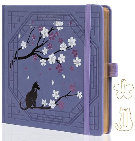TIEFOSSI Quadratisches Punktiertes Tagebuch, Niedliches Katzen-Tagebuch für Frauen und Mädchen, Gepunktetes Notizbuch mit Hübschem Sakura-Muster, Ästhetisches Notizbuch mit Goldenen Kanten