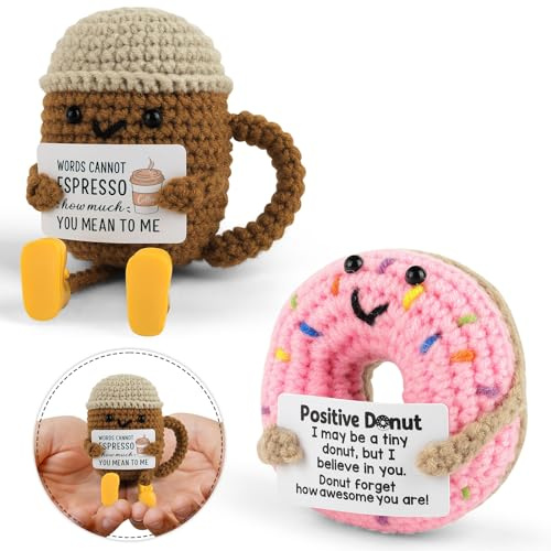 Foyucool Gehäkelte Pocket Hug 2er Set, Emotional Support Espresso & Donut | Kuschelige Geschenkidee für Frauen & Männer. Perfekt für Geburtstage, Prüfungen, Arbeitsplatz-Deko & Motivation.