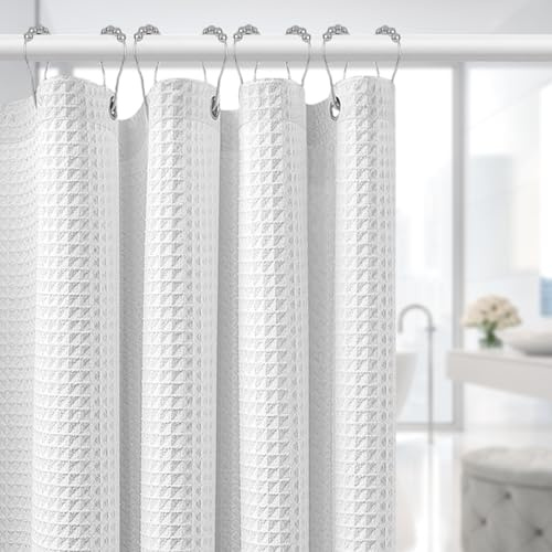 XJJAUGKLY duschvorhang Weiß, 180 × 180 cm, Waffel Duschvorhang mit Silbermetall Duschvorhangringe, Wasserdicht Badewanne Vorhang, mit 12 rostfreien Ösen, inkl. 12 Metallhaken & beschwertem Saum