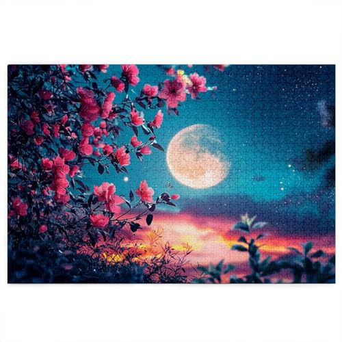 Puzzle 1000 Teile, Holzpuzzle Erwachsene mit Geschenkbox, Mond Puzzle für Erwachsene, Puzzlespiele für Die Ganze Familie, Weihnachtsdeko, Zimmer Deko Wohnzimmer, Geschenke für Frauen, Blume Muster T-1
