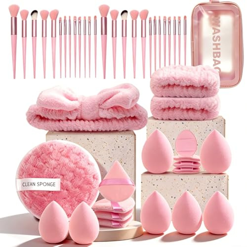 Set di pennelli per trucco, professionali per applicazioni precise, con pennello per fondotinta, pennello per contorno e trucco per occhi, ideale per viaggi e uso quotidiano (Rosa)