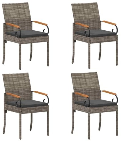 vidaXL Gartenstühle 4 pcs Grau und Dunkelgrau Poly-Rattan und Akazie, Akazienstühle, rechteckige Sitzgelegenheit, wetterfeste Polyrattan-Gartenmöbel, bequemes Design