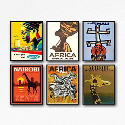Unique Set von 6 afrikanischen Kunstdrucken Afrikanische Wandkunst Reise Poster Mali Kenia Algerien Afrique Prints Afrika Travel Art (11 x 14)
