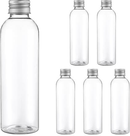 UPKOCH Bottiglie Di Plastica Trasparenti Con Coperchio in Alluminio, Set Da 6 Pezzi, 200Ml, Contenitori Riutilizzabili Per Succhi, Frullati, Caffè Freddo, Limonata, Snack, Shampoo E Balsamo