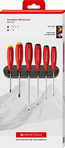 PB Swiss Tools Schlitz Kreuzschlitz Schraubendreher Set PB 8244 | 100% Swiss Made | 6-teiliges SwissGrip Schraubenzieher Set Schlitz 1/2/3/4 PH 1/2, inklusive praktischer Wandhalterung