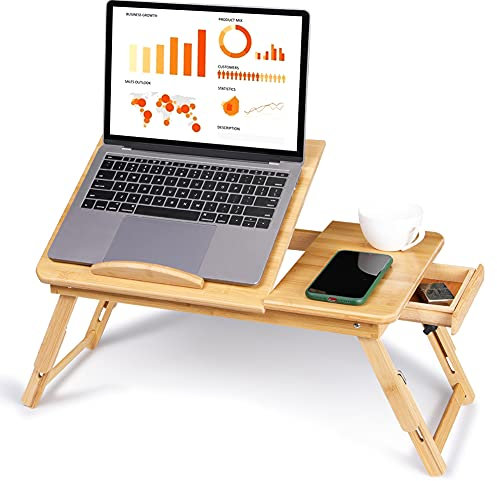 Mesa de Ordenador Portátil Bambú, Escritorio Plegable Ajustable de Bambú Bandeja para Sofa Escritorio de Regazo Soporte para Laptop PC Portatil