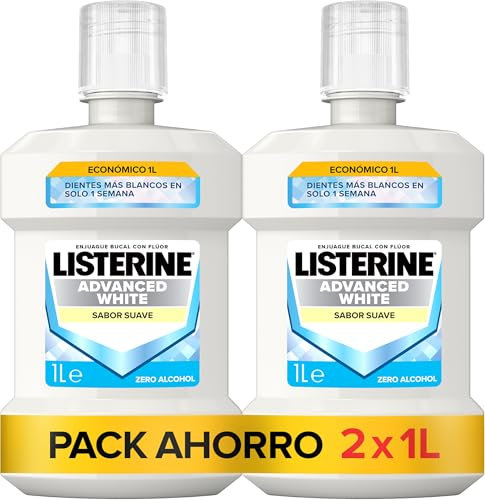 Listerine Advanced White Sabor Suave (2 x 1 L), enjuague bucal pack ahorro 0% alcohol, enjuague bucal sin alcohol, colutorio blanqueador dental para una limpieza óptima
