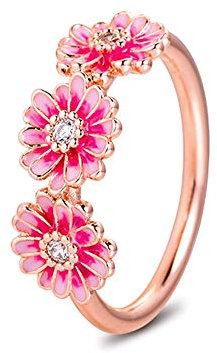 PANDOCCI 2020 Frühling Rosa Gänseblümchen Blume Trio Ringe für Frauen 925 Silber DIY Passend für Original Pandora Armbänder Charme Modeschmuck (56#)