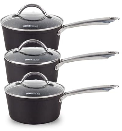 Scoville Performance Neverstick+ 3 Piece Saucepan Set with Lids, Non-Stick Saucepan Set, 16/18/20cm Saucepans, Suitable for All Hobs, Oven Safe to 260°C, Dishwasher Safe, PFOA Free, Black