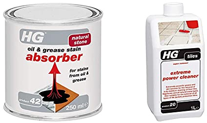 HG Oil & Grease Stain Absorber 250 ml - Removes Oil and Grease Stains - for Natural Stone and Porous Stone-Like Surfaces & Extreme Power Cleaner 1L - Professional and Powerful Tile Cleaner