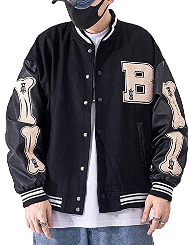 Moshtashio Herren College Jacke Baseballjacke Unisex Mode Sportjacke Sweatjacke Urban Stehkragen Streetwear (Schwarz, XXL)