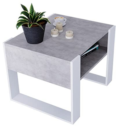 Couchtisch KARO rechteckiger Kaffeetisch aus Holz Modern Teetisch 65 x 53,6 45cm massiv und stabil (Chicago Beton/Weiss)