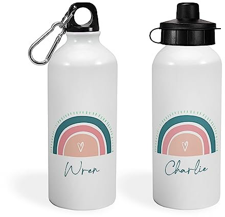 Print Maniacs Personalised Water Bottle School Sport Cap Drink White Silver 600ml or 400ml Aluminium Kid Boys Girls Biking Gift Boho Rainbow (White, 400ml)