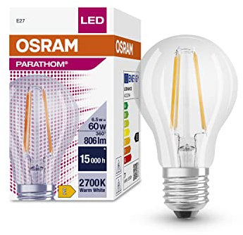 OSRAM LED-Lampen mit E27 Sockel | klassische Kolbenform, klar filament, energiesparend, 60W-Ersatz, warm weiß, Lebensdauer (15.000H) | PARATHOM CLASSIC A 60 CL 6.5 W/2700 K E27 FIL