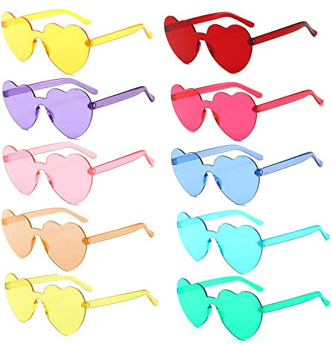 Yomaido Rave Party Glasses 10 Packs, Love Heart Shaped Sunglasses Multicolor, Funky Festival Glasses for Adults, Women or Men