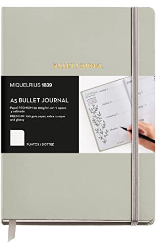 Bullet Journal Notizbuch, fester Kunstleder-Einband mit Gummizugverschluss, Format A5 148 x 210 mm, 96 Blatt 100 g/m², innen Punktraster, Farbe Grau