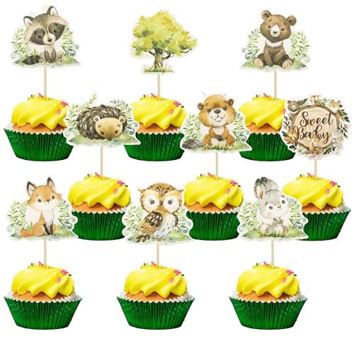 Gyufise 36Pcs Woodland Party Cupcake Toppers Woodland Baby Shower Decorations Sweet Baby Fox Deer Happy Birthday Theme Woodland Creatures Fawn Animal Party Supplies Decorations