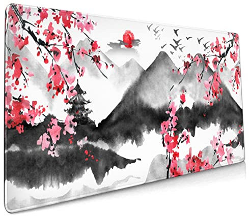 Tapis de souris japonais en fleurs de cerisier 80 x 40 cm XXL Bureau complet Rose aquarelle Art Cool Design Tapis de souris de jeu Grand tapis de clavier antidérapant en caoutchouc avec bords cousus
