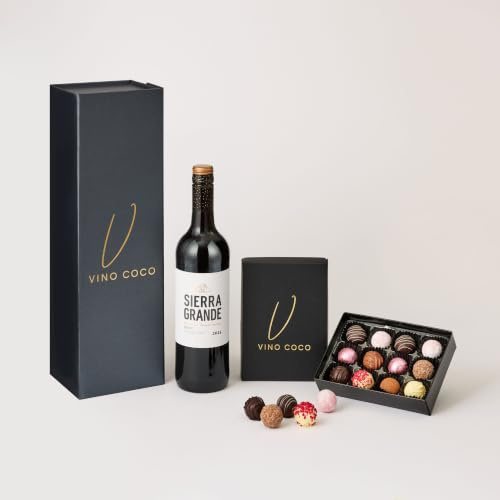 Vino Coco Merlot Red Wine Gift Set with 12 Luxury Chocolate Truffles & Premium Magnetic Gift Box