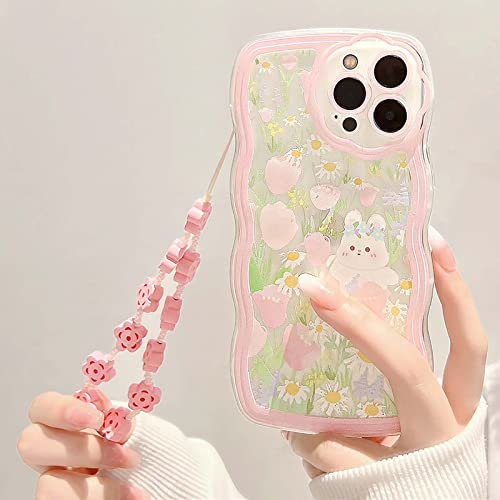Bakicey Kompatibel mit iPhone 12 Hülle mit Perlen Armband Design Cute Blumen Kaninchen Gewellt Handyhülle Frauen Süßes Muster Glitzer Pearl Aesthetic Kameraschutz Case für iPhone 12