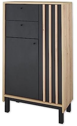 VOLANO Badezimmer Kommode in Artisan Eiche Optik, Schwarz - Badezimmerschrank Bad Schrank mit viel Stauraum - 60 x 106 x 32 cm (B/H/T)
