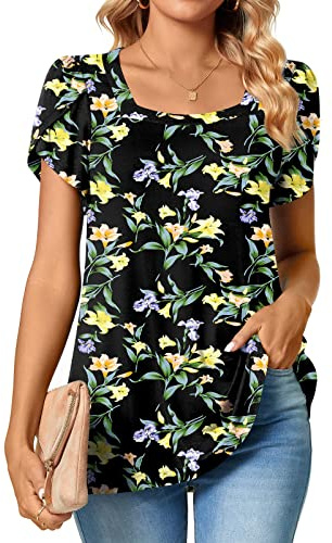 TAOHUADAO Lässiges Damen-T-Shirt, quadratischer Ausschnitt, langärmelig, Tunika, Tops, lockere und bequeme Blusen, 13/Black Lily, L