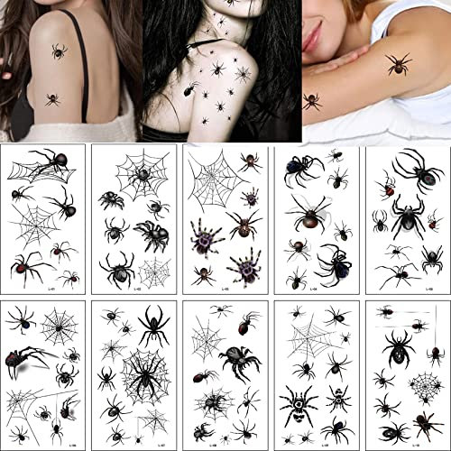 KYWLCO Halloween Temporäre Schwarz Spinnen Tattoos, Temporäre Gesicht Tattoo, Tag der Toten Make-up Aufkleber für Männer Frauen Kind Karneval Maskerade Bachelorette Party Fright Night