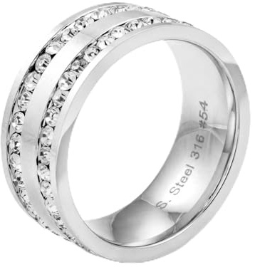 meditoys Edelstahlring mit zwei Reihen von funkelnden Kristallsteinen, 7,5 mm breiter Damenring, aus poliertem Edelstahl, robust und kratzfest