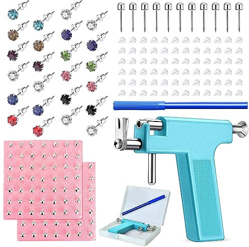 Longbeauty 224 Pcs Ohrloch Stecher Ohrlochpistole Set Edelstahl Piercing Gun Pistole mit Ohrsteckern Ohrringbolzen Körperpiercing Werkzeugset für Nabel Nase Lippe Septum Ohr, Hellblau