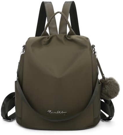 OLIVIA WONG Mochila antirrobo Impermeable para mujer (13L)| Mochila Convertible en bolso con pompom y Asa desmontable de adorno - Verde Militar Militar