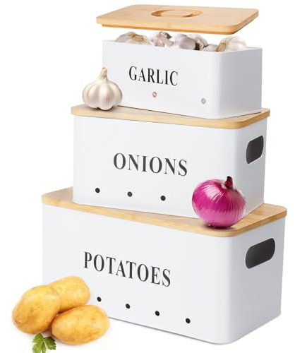 Otauoaea Caja Para Guardar Patatas, Cebollas y Ajos Juego de 3 | Botes Cocina Almacenaje Rectangulares Apilables | Organizador Cocina Caja para Patatas Cebollas Ajos (Blanco)