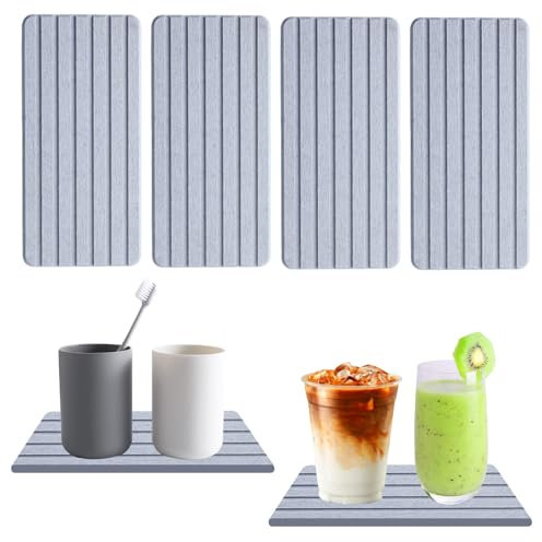 4 Pcs Water Absorbent Diatomite Coasters, Quick Drying Soap Tray, Bathroom Vanity Trays with Grooves, Diatomaceous Earth Soap Holder,Toothbrush Holder Set for Home Kitchen Bathroom (Gray)
