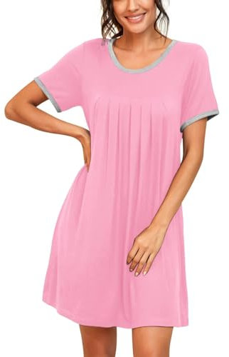 PrinStory Vêtement De Nuit Chemise De Nuit Plissée À Manches Courtes Et Encolure Dégagée pour Femme (Rose, XL)