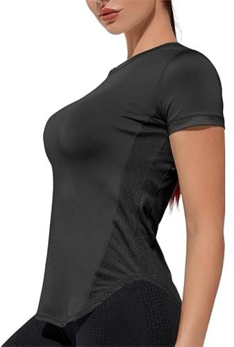 Weardear Sport T-Shirt Damen Rundhalsausschnitt Workout Tops Kurzarm Atmungsaktive Mesh Seiten Laufen Yoga Top S-XXL