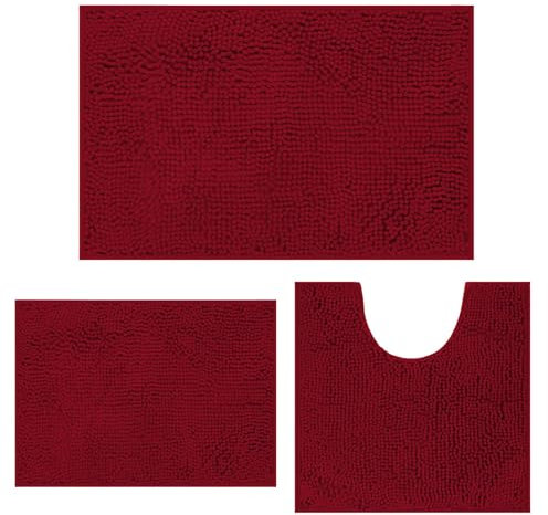 MEGAROOM Non Slip Chenille Bath Mat Set - Bathroom Mat Set with U-Shaped Toilet Mat - Soft and Anti Mould Bath Mat Set 3 Pieces for Safety and Comfort, Water Absorbent and Quick Drying(Dark Red)