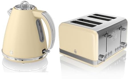 Swan Retro Kitchen Set, 1.5L Fast Boil Kettle & 4 Slice Toaster, Cream, SK19020CN, ST19020CN