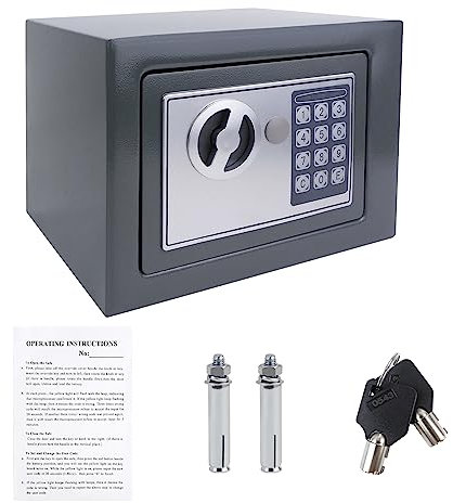 Tresor mit Zahlenschloss und 2 Schlüssel Möbeltresore Geldkassette Feuerfest Klein Stahlsafe Mini Tresor Elektronisch für Zuhause, Büro, Schule, Hotel 23x17x17cm 4.6L Grau