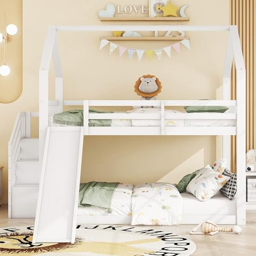 140x200cm Etagenbett mit Stauraumtreppe und Rutsche, Hausbett, Weiß Kinderbett mit Geländer, geeignet für Kinder, Jugendliche
